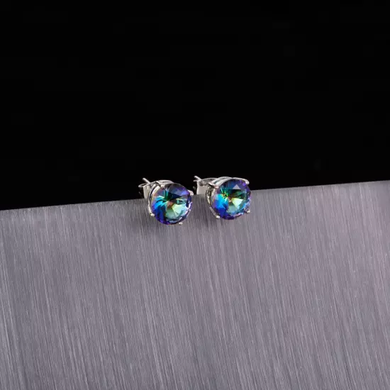 8mm Round Blue Rainbow Mystic Topaz Silver Jewelry Stud Pierced Earrings