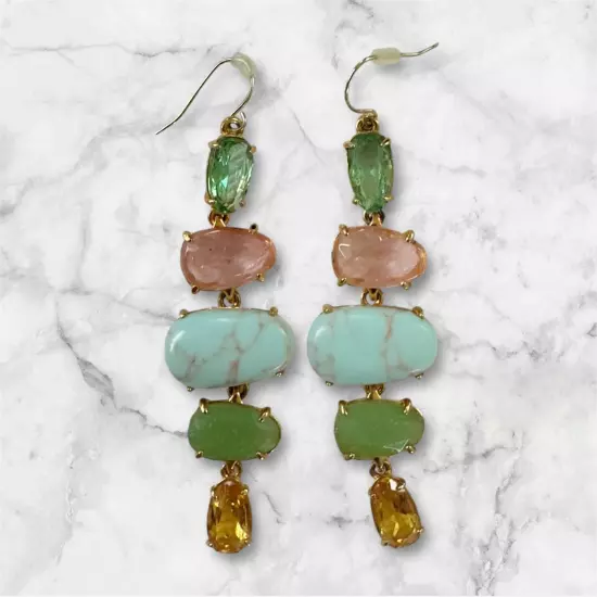 Faux Turquoise and Gem Stone Drop Dangle Gold Tone Earrings Pink Green Amber