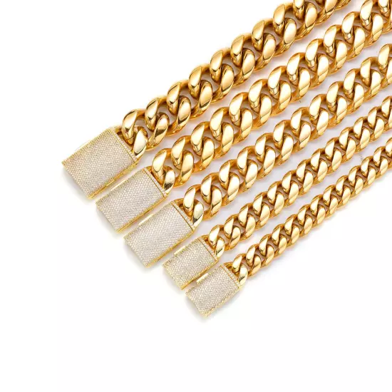 12mm-22mm Hip Hop Miami Cuban Link Chain Real Gold Plated Full 5A Zircon Jewelry