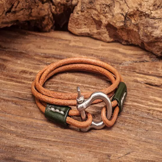 G619 Tan Men's Surfer Genuine Leather Cord Double Wrap Bracelet Bangle Cuff