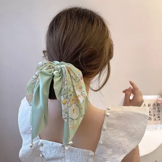 Elegant DIY Floral Scrunchies Big Bowknot Pearl Pendant Large Bow Hair Rope