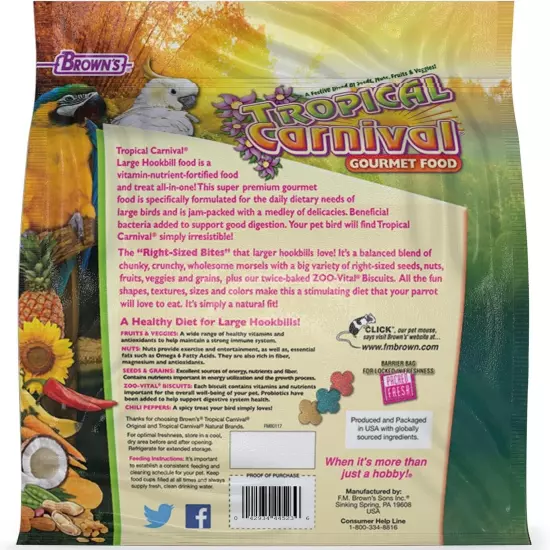 F.M. Brown's Tropical Carnival Gourmet Large Hookbill Food for Parrots, Cockatoo