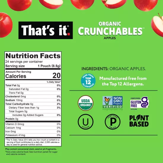 100% Organic Apple Fruit Crunchables - 24 Packs of Healthy Plant-Based Snacks