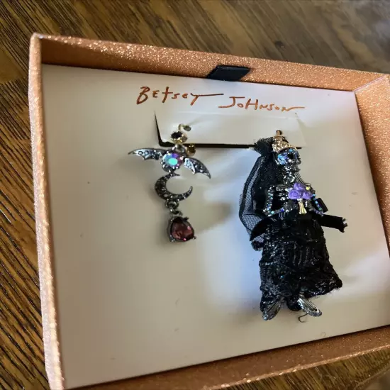 Betsey Johnson Halloween Dark Magic Skeleton Bride Bat Mismatch Earrings,*NEW!*