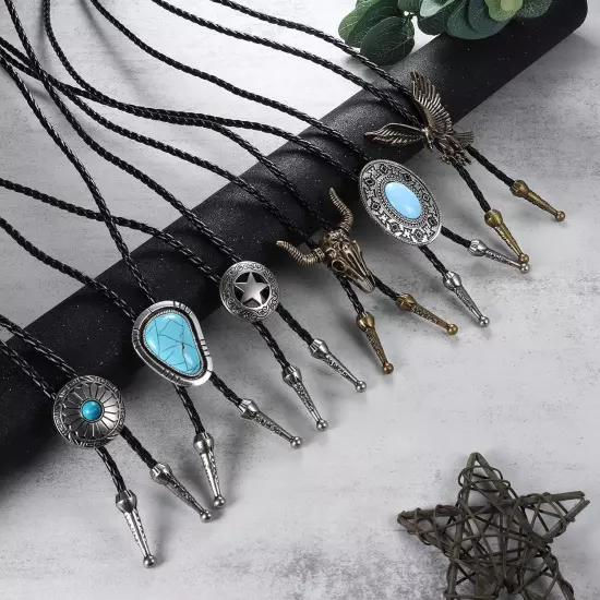 6 Pcs Leather Bolo Tie Turquoise Handmade round Shape Western Cowboy Native Amer