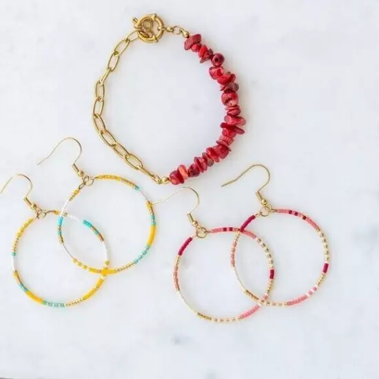 2 pairs Seed Bead Boho Hoop Earrings Colorful beaded Hoops Lightweight