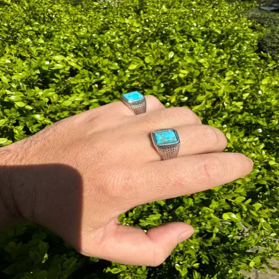 Blue Turquoise Mens Real Solid 925 Silver Navajo Native American Inspired Ring