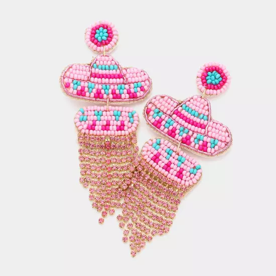 Pink Felt Back Seed Beaded Hat Rhinestone Fringe Dangle Earrings