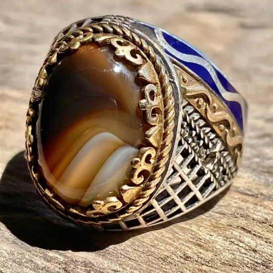 New sultani 925 Sterling Silver men ring natural yemeni sultani agate aqeeq جزع