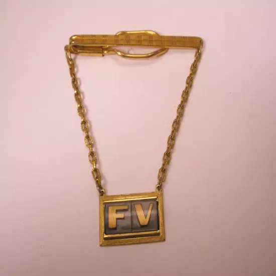 FV Monogram Initial Cable Link Chain Vintage HICKOK Pendant Tie Bar Clip