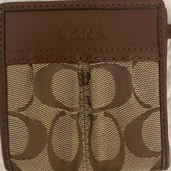 COACH Brown Signature Fabric Leather Trim Small Compact Bifold Wallet