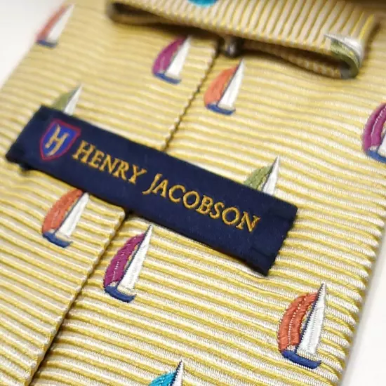 HENRY JACOBSON Handmade 100% Silk Tie Mens Gold Black Blue Plaid Necktie NEW