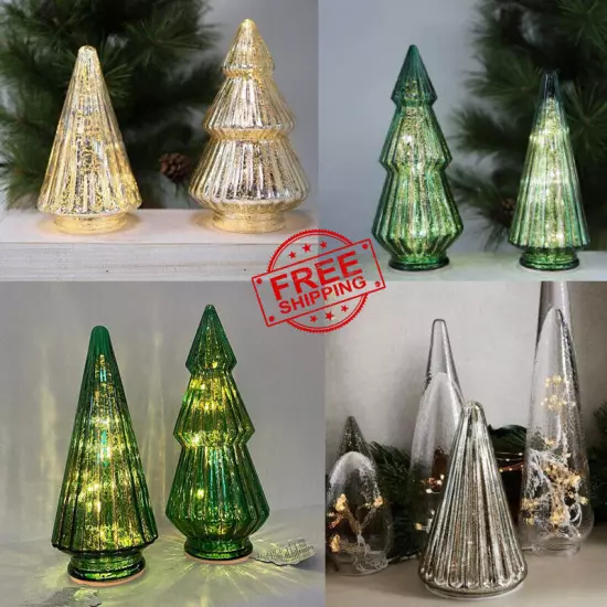 Christmas Mercury Pleated Glass Tabletop Light Up Tree Figurine Table Lamp Decor