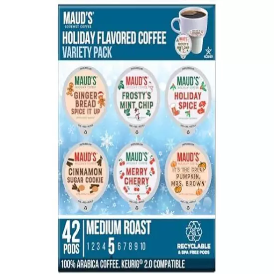 (42 Count) Maud's Holiday Flavored Coffee Pods Variety Pack