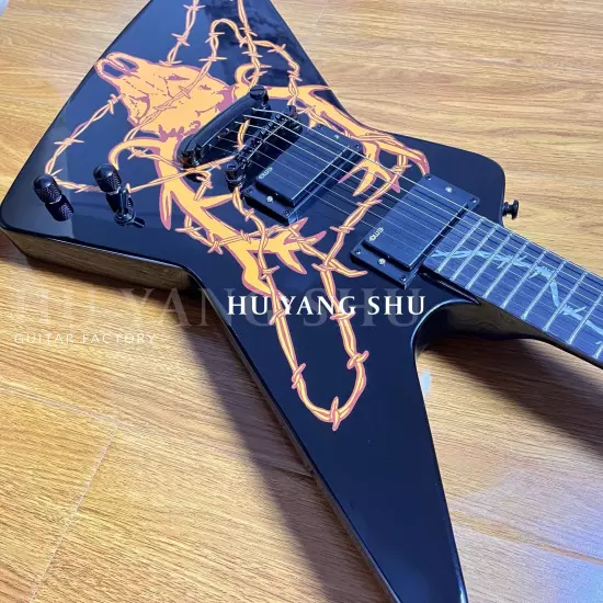 Custom Yellow pattern on black body Explorer Electric Guitar black fretboard