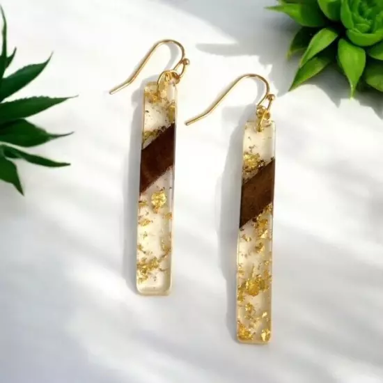 Bohemian Gold Flake Resin & Wood Bar Earrings NEW