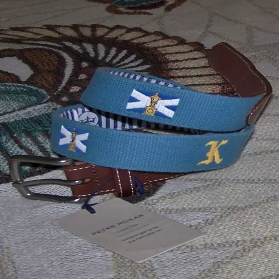 NEW PETER MILLAR Embroidered Canvas & Leather Golf Belt THE KINLOCH CLUB 34 Blue