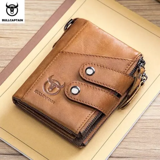 BULLCAPTAIN Men RFID Blocking Leather Card Holder Zipper Wallet Anti-theft Chain