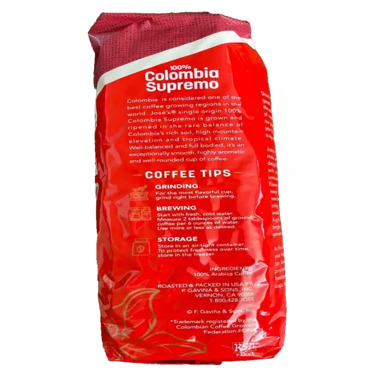 Jose's Whole Bean Coffee Columbia Supremo, Medium Roast 3 Lbs (48 Oz)