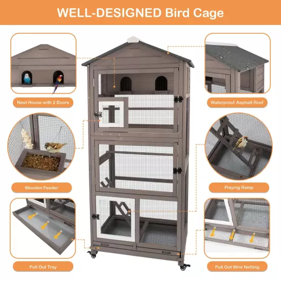 68.8"L Wooden Bird Cage Outdoor Bird Aviary Indoor Large Parakeet Cage on Wheels