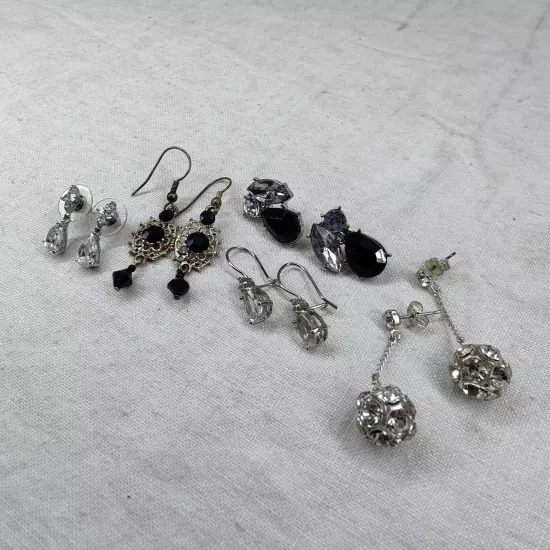 Lot Of 5 Vintage & Modern Costume Rhinestone Earrings Dangle Hoop Silver Tone