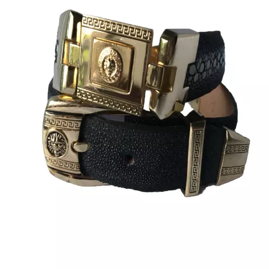 Men's Stingray Black Exotic Leather Golden Links Belt Cinto Exotico Mantarraya