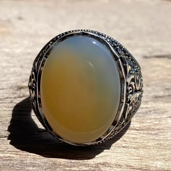 925 Sterling Silver men ring natural strong energy agate aqeeq akik silver ring