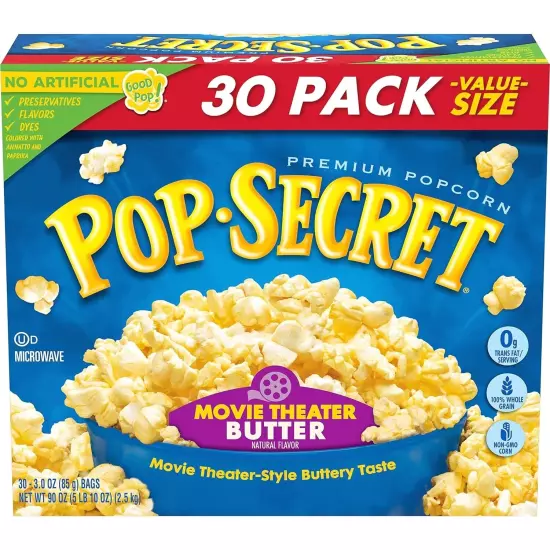 Microwave Popcorn, Movie Theater Butter Flavor, 3 Oz Sharing Bags, 30 Ct