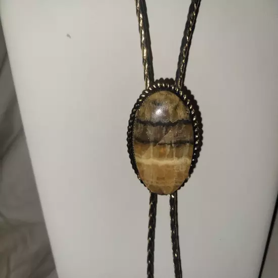 Vintage Natural Honey Onyx Bolo Tie Gold Tone Setting N Tips 1970's