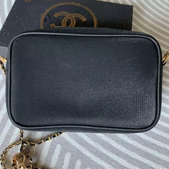 CHANEL novelty new Pouch Gold lame Black with chain box Vip