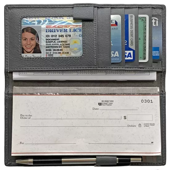 RFID Leather Checkbook Cover With Credit Card Slots and Pen Holder