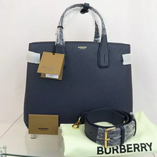 $1790 BURBERRY MD BANNER REGENCY BLUE LEATHER CHECK SHOULDER MEDIUM TOTE BAG