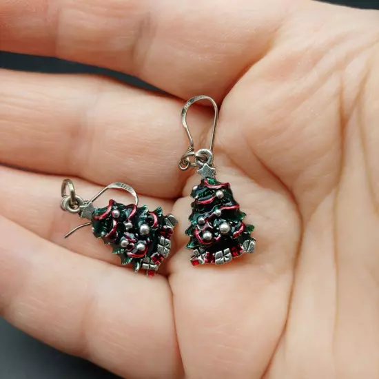 Enamel Christmas Tree Drop Earrings - Small Red Green Silver Tone Holiday Dangle