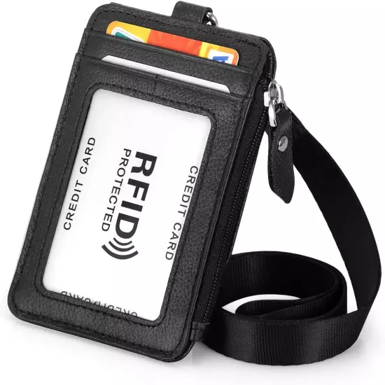 HAWEE Badge Holder with Zipper Genuine Leather RFID Keychain Wallet Neck Lanyard