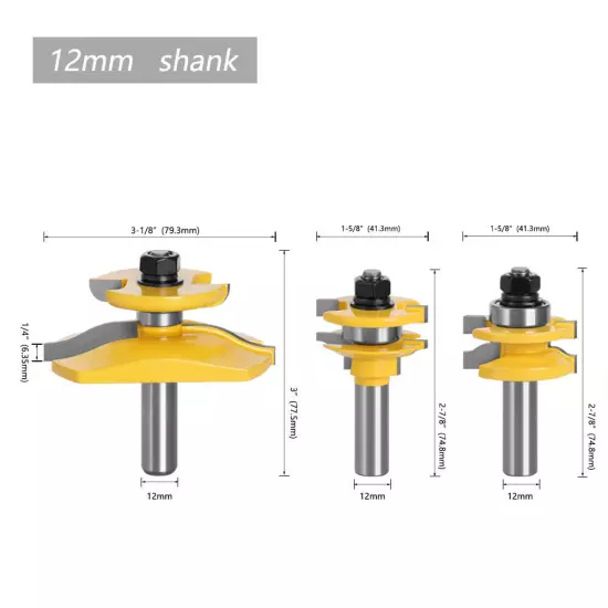 1/2" 12mm Shank Joint Rail & Stile Router Bit Tongue&Groove Cutter 3-1/8" 1-5/8"