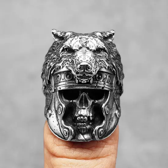 Gladiator Wolf warrior Skull Spartan Helmet Silver Punk Mens Viking Biker Ring