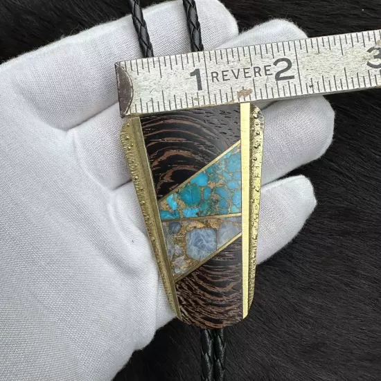 Incredible Vintage Sky West SST Brass Turquoise Gold Wood Inlay Bolo Tie ￼