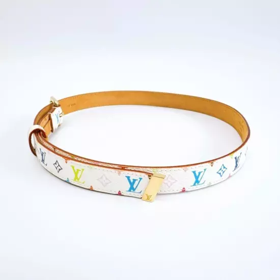 LOUIS VUITTON Belt M9272U Santur Carre Monogram Multicolor White PVC Auth YK551