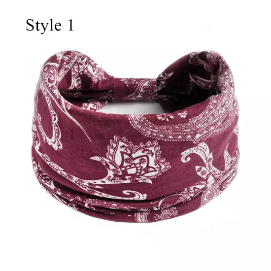 Women Boho Flower Print Wide Headband Vintage Knot Elastic Turban Headwrap *