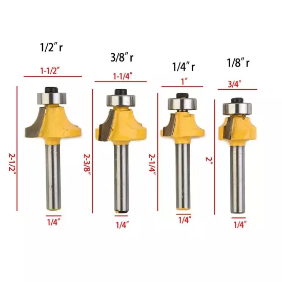 4 Pcs/1/4 Inch/Shank Round Over Bead Edge Forming Router Bit 1/2 3/8 1/4 1/8