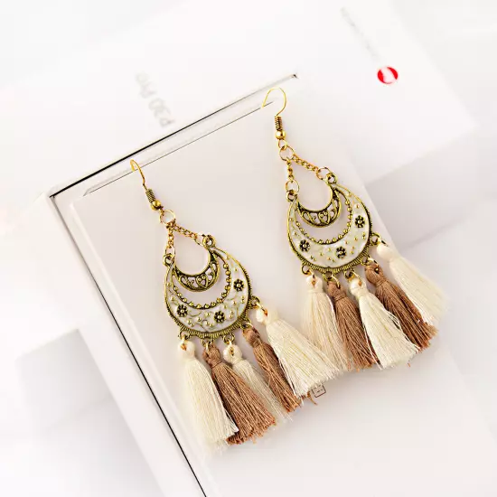 Fashion Women Bohemian Earrings Long Tassel Fringe Drop Dangle Ear Stud Jewelry