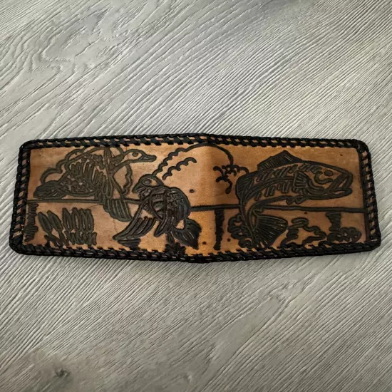 Vintage Hand Tooled Brown Leather Wallet Bifold Fish/Duck Lake Scene