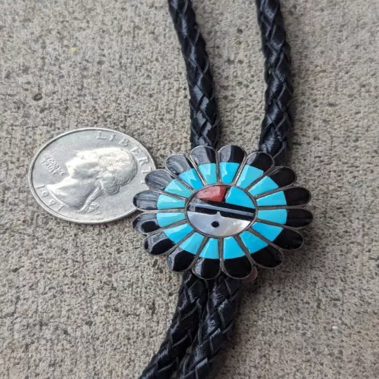 Vintage Sterling Zuni Inlay Kachina Sun Face Bolo Tie Turquoise Onyx Inlay G4