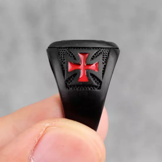 Red Cross Knights Templar Maltese Black Stainless Steel Mens Punk Biker Ring