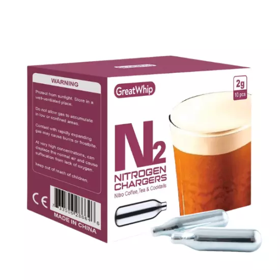 Nitrogen N2 Cartridges 2g GreatWhip for Cold Brew Coffee Beer Nonthreaded 10pcs