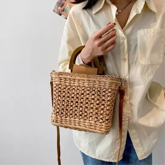 Straw Bags Women Tote Bags Handbags Weave Wooden Handle Beach Shoulder Bag