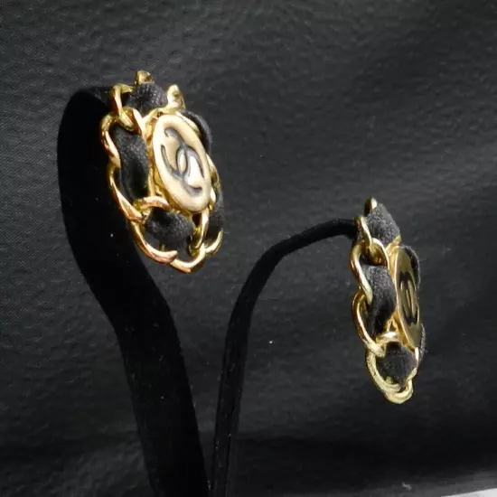 Vintage CHANEL Earrings Gold Tone & Black Leather Clips France Signed As Found