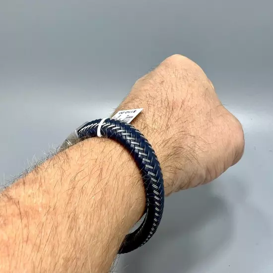 Simone l. Smith Men's Blue Leather Braided Bracelet in Stainless Steel