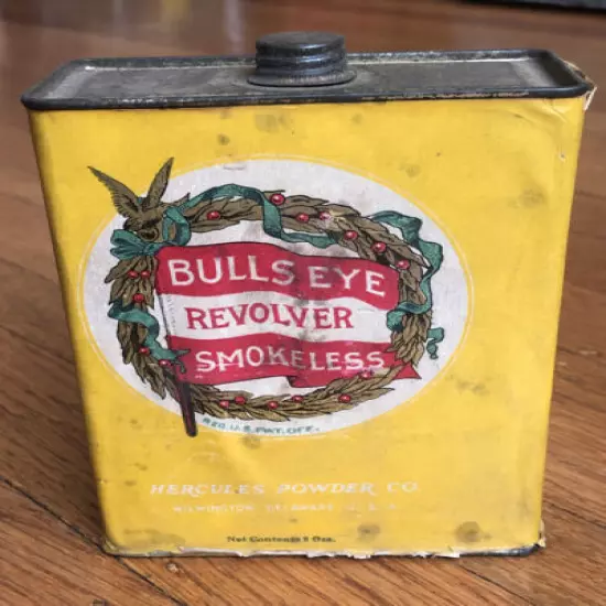 Antique Advertising Bulls Eye Revolver Smokeless Gun Powder Tin Can Hercules Co