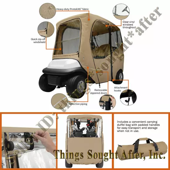 Deluxe 2-Person Golf Car Enclosure for 64-68" Roof Khaki Cart Cover w/ Windows